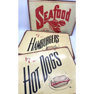 Lot Of 7 Marty Mummert Try Our Hamburgers Cork Backed Diner Kitchen Sign Retro